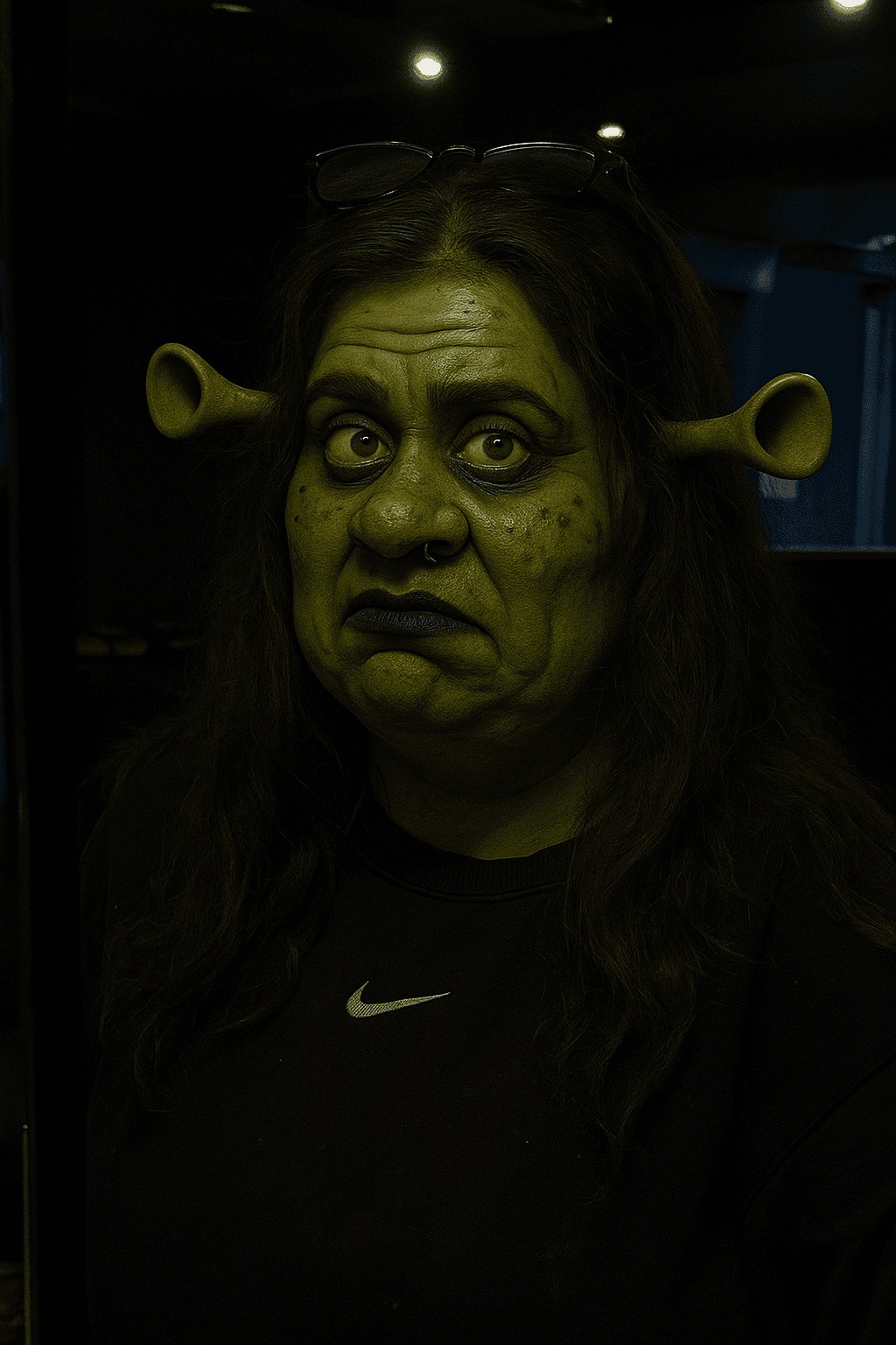 Mary in full swamp-regal parody makeup